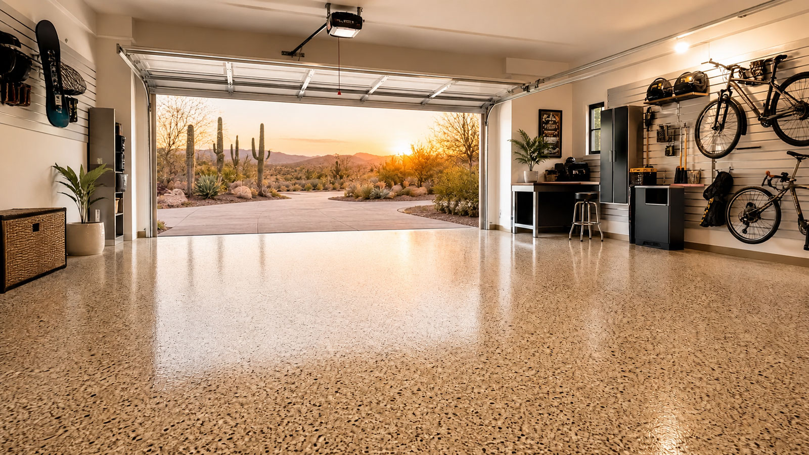 Residential garage with a professionally installed decorative flake floor coating